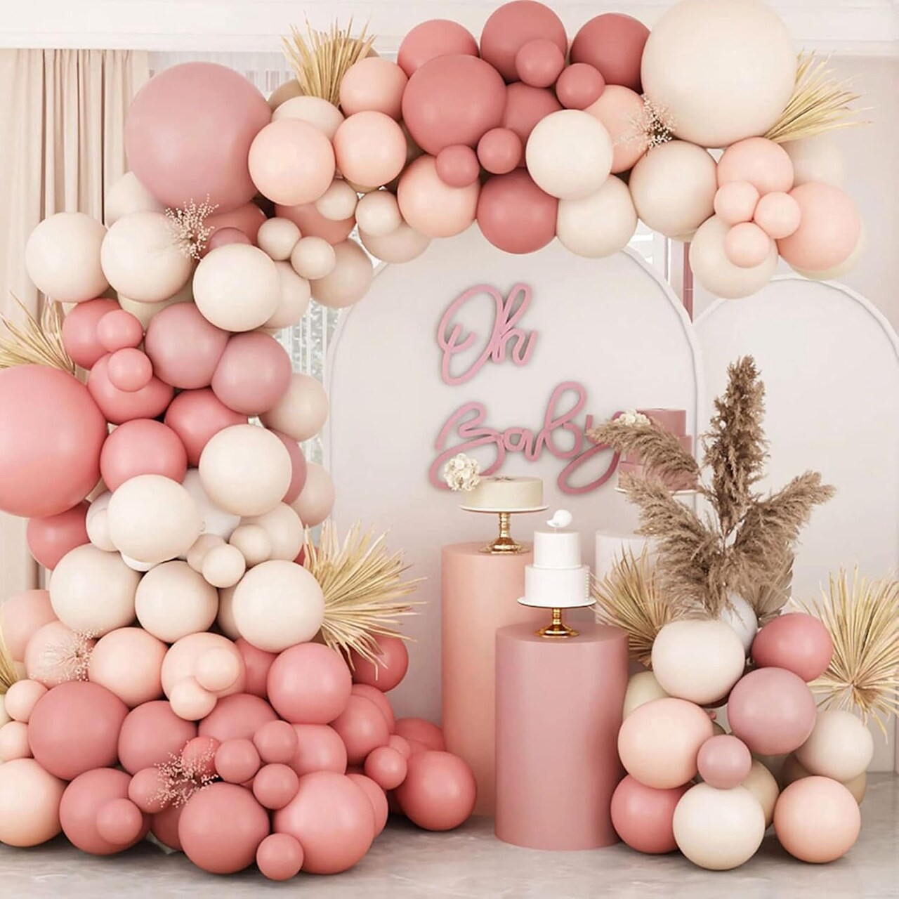 Retro Blush Pink Balloon Arch Kit-Dusty Pink Cream Peach White Sand Balloon Garland,Boho Pastel Pink Balloons Party Decorations
